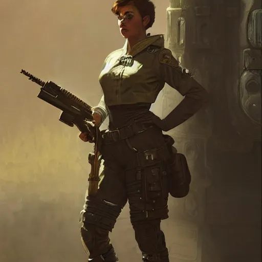 Prompt: Alexandra Jordan as a soldier character in Fallout 4, gorgeous, beautiful, intricate, highly detailed, digital painting, artstation, oppressive lighting, concept art, sharp focus, illustration, art by greg rutkowski and alphonse mucha