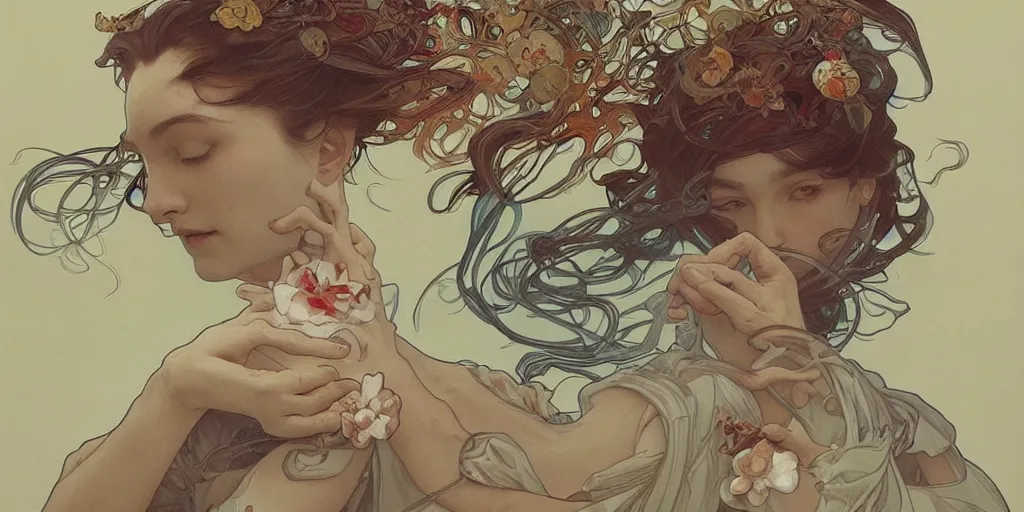 Prompt: such complicated hands, by james jean, by artgerm and greg rutkowski and alphonse mucha. uhd, amazing depth, cinematic lighting, glossy wet levitating floating fungus god with arms outstretched.