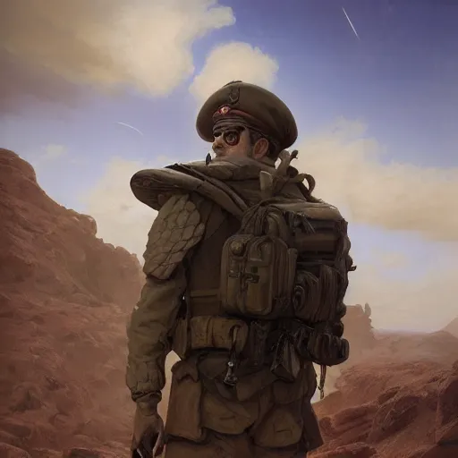 Prompt: desertpunk realism portrait face head eyes nose ears hat Corporal Marshall stands in full military regalia whilst wearing a tactical backpack anna podedworna arkhip kuindzhi raphael lacoste guillem h. pongiluppi grisaille