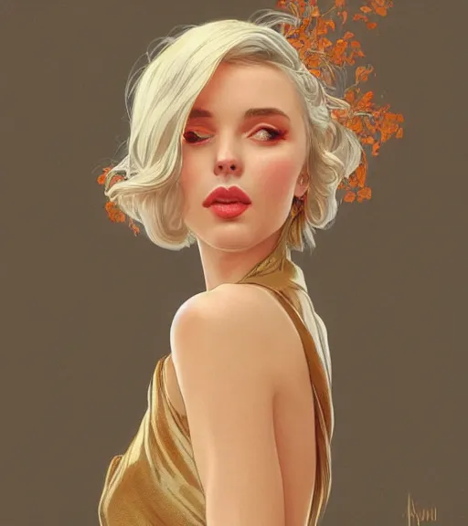 Image similar to corinna kopf wearing a golden dress, grey hair, red necktie, cinematic, stunning, highly detailed, digital painting, artstation, smooth, hard focus, full body shot, illustration, art by artgerm and greg rutkowski and alphonse mucha