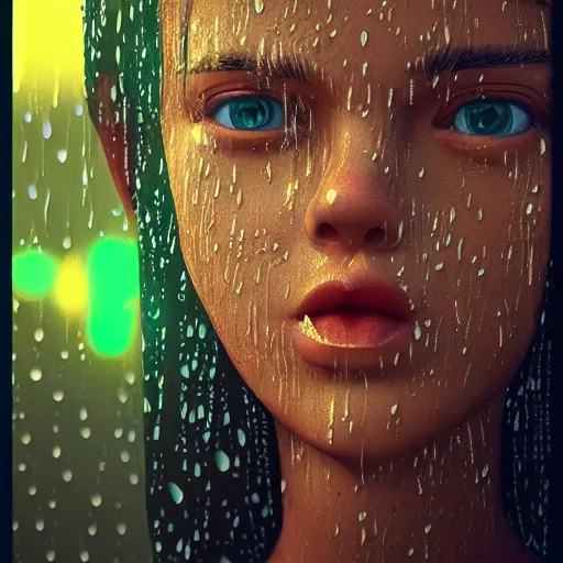 Image similar to cartoon portrait made out of rain, realistic, highly detailed, neon, rendered in octane, unreal engine, rain, beautiful, trending on artstation, emotional