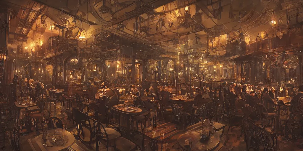 Image similar to Steampunk restaurant overview mapa design, Moebius, Greg Rutkowski, Zabrocki, Karlkka, Jayison Devadas, Phuoc Quan, trending on Artstation, 8K, ultra wide angle, pincushion lens effect