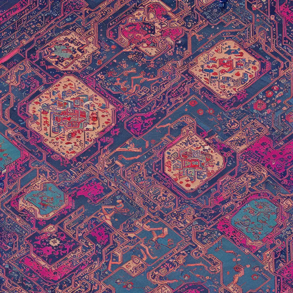 Prompt: persian carpet, cyberpunk, by james jean, photoillustration, mystical baroque, pastel synthwave