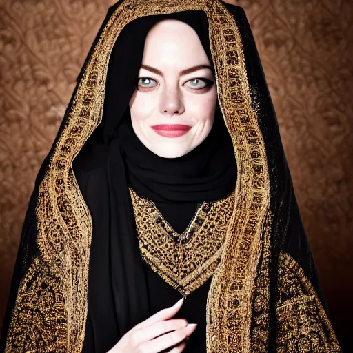 Image similar to A portrait of Emma Stone wearing Black Arabian Abaya, high quality, fully detailed, 4k, volumetric lightening