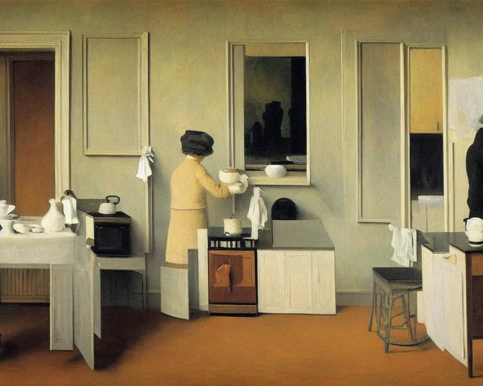 Image similar to achingly beautiful painting of a sophisticated, well - decorated kitchen by rene magritte, monet, and turner.