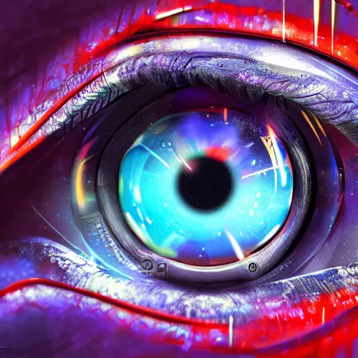 Image similar to Cybernetic Eye with reflections, Close up, colorful, fantasy, vivid colors, concept art, sharp focus, digital art, Hyper-realistic, 4K, Unreal Engine, Highly Detailed, HD, Dramatic Lighting by Brom, trending on Artstation