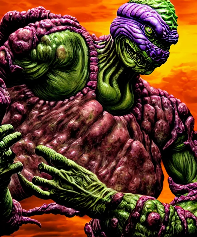 Image similar to hyperrealistic rendering, epic boss battle, cronenberg flesh monster tmnt, by art of skinner and richard corben, product photography, collectible action figure, sofubi, hottoys, storm clouds, outside, lightning