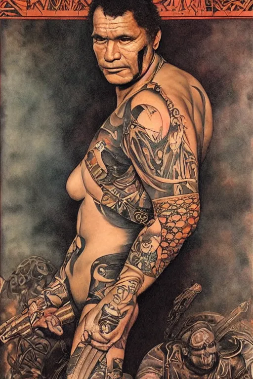 Image similar to full length portrait of temuera morrison as a tattooed gothic punk by lawrence alma tadema and zdzislaw beksinski and norman rockwell and jack kirby and tom lovell and greg staples