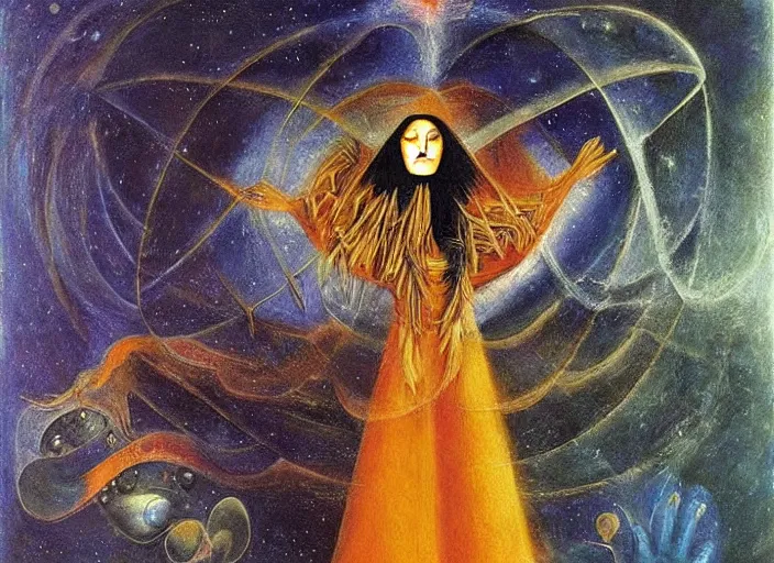 Prompt: a shaman! woman holding up the cosmic!!! universe, by remedios varo, reflection, symbolist, psychedelic colors, dramatic lighting, smooth, sharp focus, extremely detailed, aesthetically pleasing composition