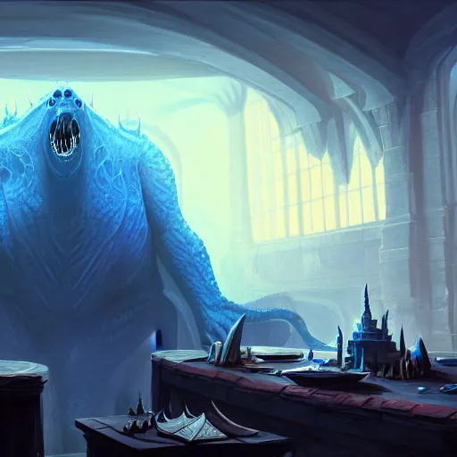 Image similar to a singular blue scale from a huge creature lies on a table, a single scale fills the entire table, the scale lies by itself, d & d, fantasy, intricate, highly detailed, digital painting, artstation, concept art, matte, sharp focus, illustration