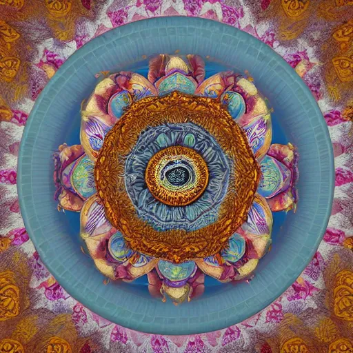 Image similar to a beautiful Karma Mandala, octane render, hyper-detailed environment, photorealism, hyper realistic, no blur, 16k