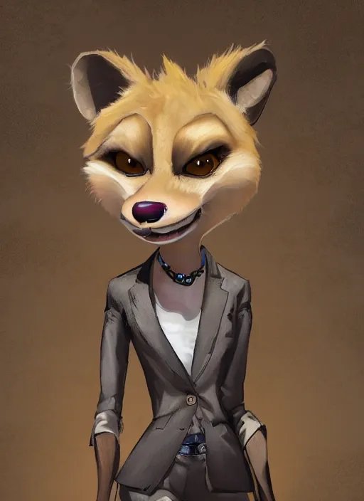 Image similar to oil painting detailed full body of anthromorphic female hyena, in style of zootopia, zootopia, zootopia, fursona, furry, furaffinity, 4 k, deviantart, furry art, fursona art, wearing black business suit, business suit, in style of zootopia, hyena fursona, cyberpunk, female, expressive, detailed feminine face,