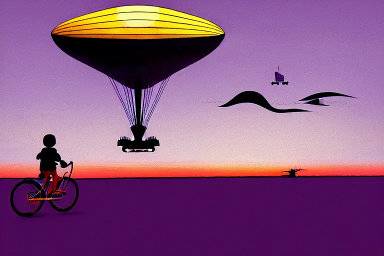 Image similar to kid rides a bicycle waving good bye to the airship at sunset, in the style of otto eckmann, intricate and epic composition, purple by caravaggio, insanely quality, highly detailed, masterpiece, purple light, artstation, 4 k