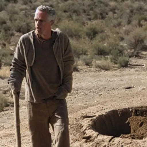 Image similar to Jordan Peterson digging a ditch, dressed like a homeless man in the desert. Photograph from a horror film.