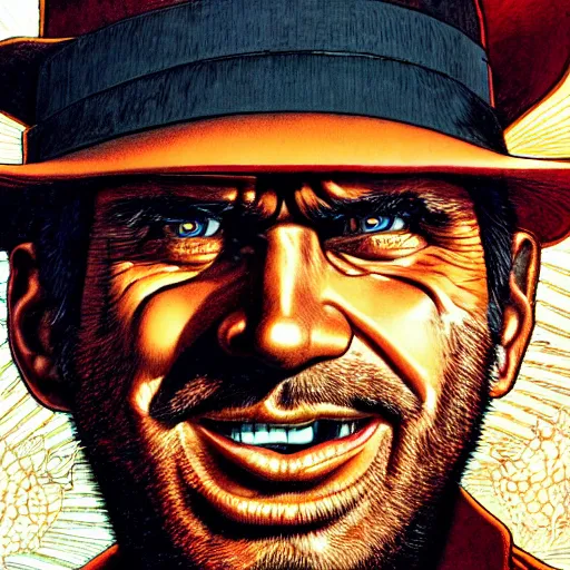 Image similar to portrait closeup of crazy indiana jones, symmetrical, by yoichi hatakenaka, masamune shirow, josan gonzales and dan mumford, ayami kojima, takato yamamoto, barclay shaw, karol bak, yukito kishiro