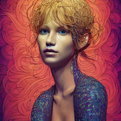 Image similar to the portrait of an incredibly beautiful and sophisticated woman partially made of onions of all colors, an ultrafine detailed illustration by james jean, final fantasy, intricate linework, bright colors, behance contest winner, vanitas, angular, altermodern, unreal engine 5 highly rendered, global illumination, radiant light, detailed and intricate environment