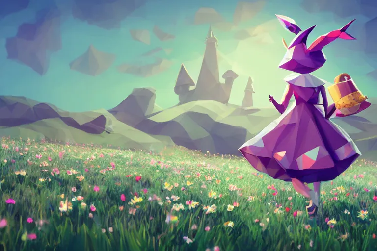 Prompt: lowpoly ps 1 playstation 1 9 9 9 running anthropomorphic ( lurantis ) maid wearing witch hat holding a swadloon standing in a field of daisies, mount coronet in the distance digital illustration by ruan jia on artstation
