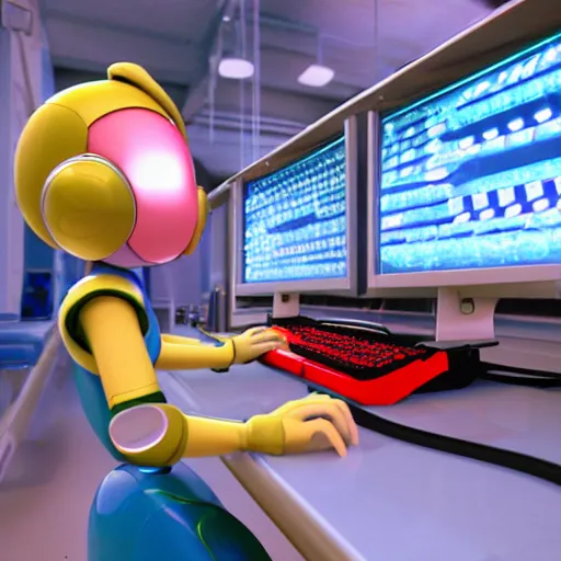 Prompt: pixar - style rendering of : roll is repairing computers in dr. light's laboratory. roll is a cute female ball - jointed robot ( in the style of mega man ) who has blonde hair with bangs and a ponytail tied with a green ribbon. she is wearing a red one - piece dress with a white collar, and red boots.