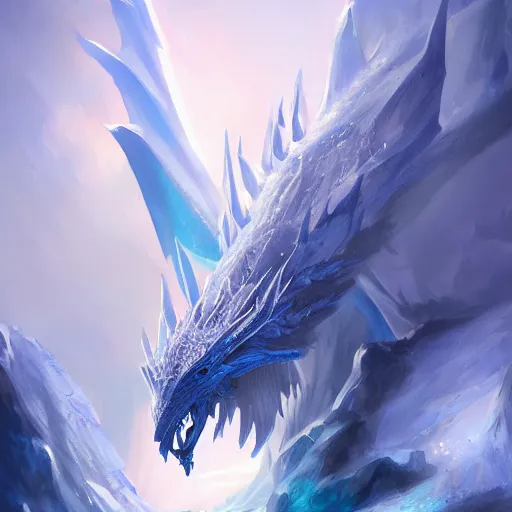 Prompt: An ice dragon standing on a ice mountain, breathing blue flames, ice landscape, digital art, artstation, WLOP, CGSociety