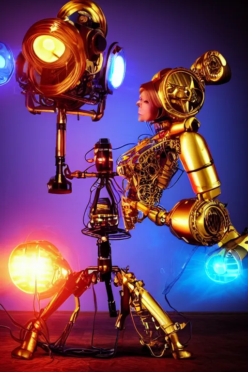 Image similar to portrait photo of a giant huge golden and blue metal female humanoid steampunk robot singer with headphones and gears and tubes, in the foreground is a big red glowing microphone on a tripod, eyes are glowing red lightbulbs, shiny crisp finish, 3 d render, 8 k, insaneley detailed, fluorescent colors, background is multicolored lasershow