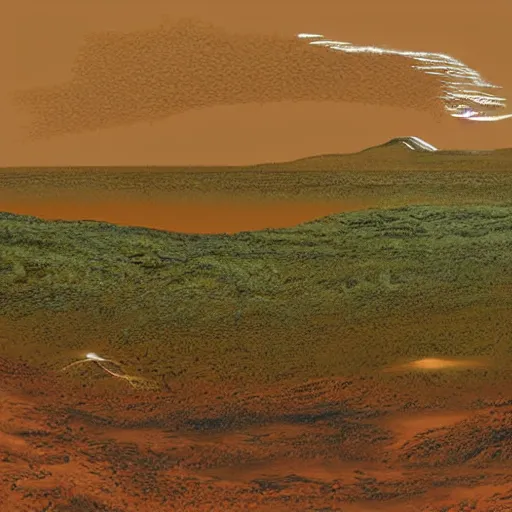 Image similar to Prehistoric Martian landscape, greenery, ocean scene, iron-rich soil on Mars