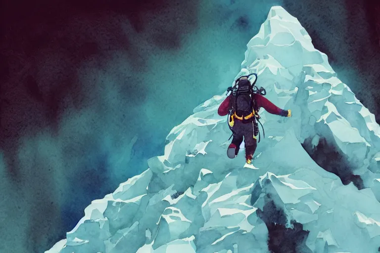 Prompt: diving from the top of mount everest. Film watercolor, artstation, highly detailed. Sharp, 8k