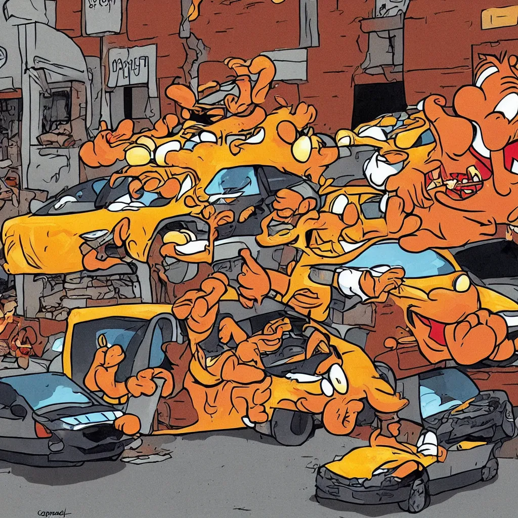 Image similar to garfield crashing a car into a pizzeria