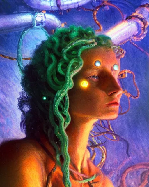 Image similar to day time, a cyberpunk close up portrait of cyborg medusa, electricity, snakes in hair, sparks, bokeh, soft focus, skin tones, warm, sky blue, daylight, by monet, paul lehr, jesper ejsing