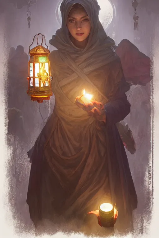 Prompt: cleric holding a lantern in a cemetery surrounded by zombies, highly detailed, digital painting, artstation, concept art, smooth, sharp focus, illustration, art by artgerm and greg rutkowski and alphonse mucha and andrei riabovitchev