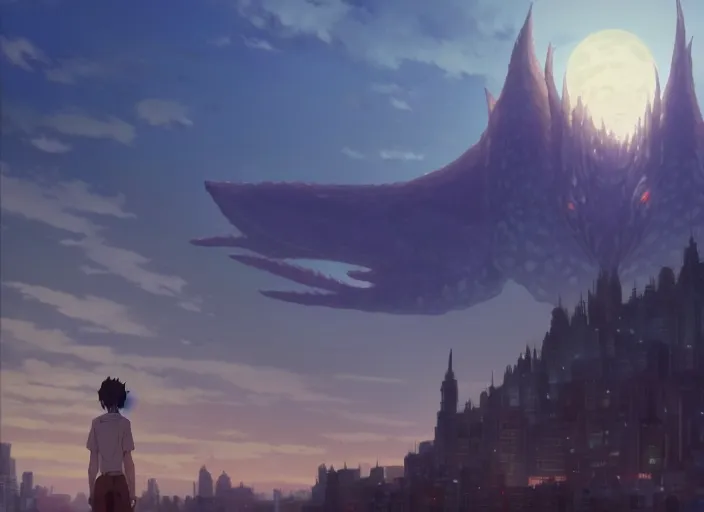 Image similar to a gargantuan creature with smooth skin, lots of small quils and spikes on it's neck, looming over a small city, by makoto shinkai an krenz cushart