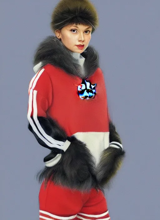 Prompt: a portrait of a furry russian girl wearing an adidas tracksuit painted by norman rockwell artstation trending