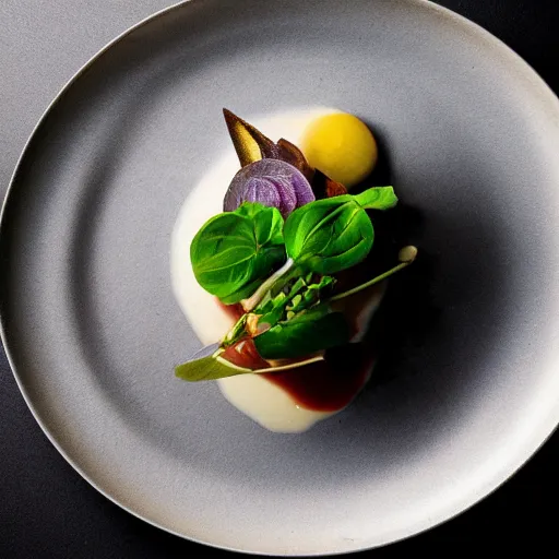 Image similar to brilliant food dish from Alinea 2023 - photograph of plate from above 1920x1080