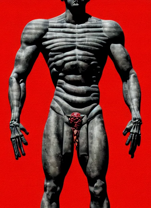 Image similar to black background, statue of hercules, ( ( ( skeleton ) ) ), grey, thin lines, dark, red grid, glitch art, neo vaporwave, gritty, movie poster, trending on artstation
