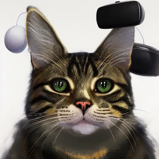 Prompt: a tabby cat wearing a VR Oculus Quest headset on its head. By Makoto Shinkai, Stanley Artgerm Lau, WLOP, Rossdraws, James Jean, Andrei Riabovitchev, Marc Simonetti, krenz cushart, Sakimichan, trending on ArtStation, digital art.