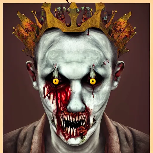 Image similar to asymmetrical zombie king portrait, fallen, decay, clown, depressed, borderline, schizophrenia, hyperrealistic 8 k realistic