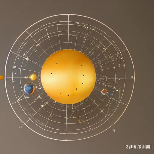 Image similar to a kinetic sculpture of this solar system, sun, mercury, venus, earth, moon, mars, jupiter, saturn, uranus, neptune, pluto, orrery, canon 5 d 5 0 mm lens, papier - mache, studio, artificial intelligence