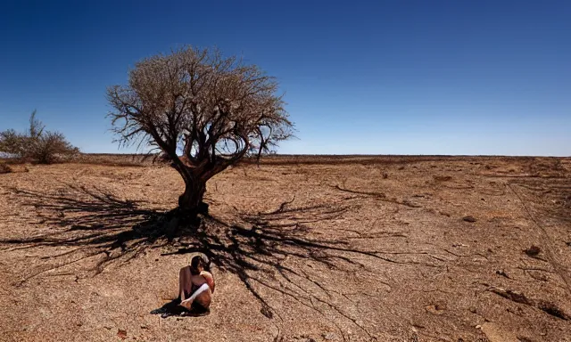 Image similar to medium shot of a crying ancient dried up Danu, peaceful, facing the camera and standing in front of a dried up river in a desolate land, dead trees, blue sky, hot and sunny, highly-detailed, elegant, dramatic lighting, artstation, 4k, cinematic landscape, photograph by Elisabeth Gadd