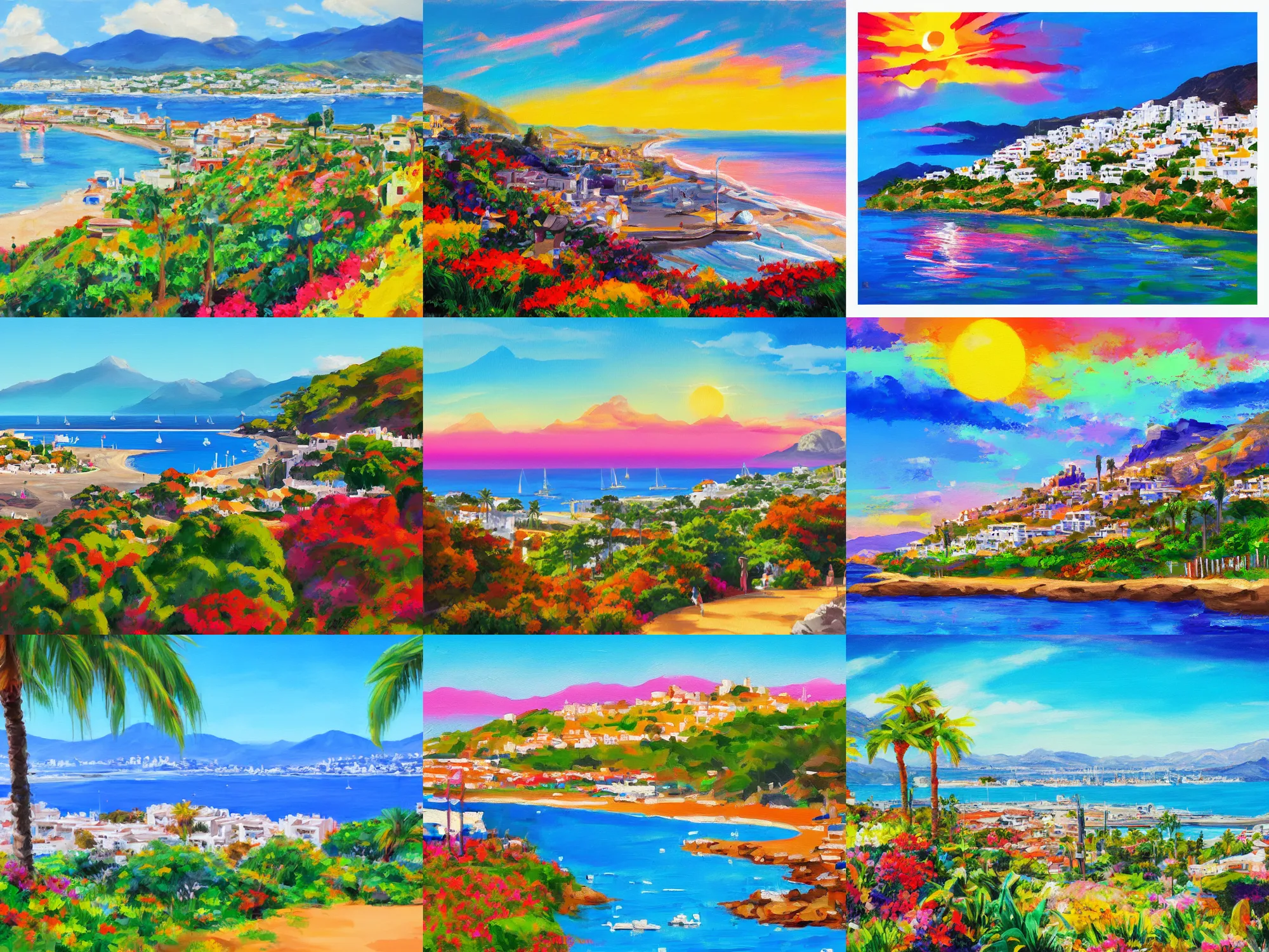 Prompt: colorful mate painting of marbella landscape, sun coast, small city, beach, mountain in the background, trending on artstation, studio ghibli, fine art, 8 k resolution