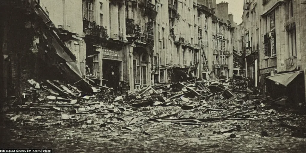 Image similar to a colour night photo of the street of saint - malo after being bombed with pocket of fire in 1 9 4 5