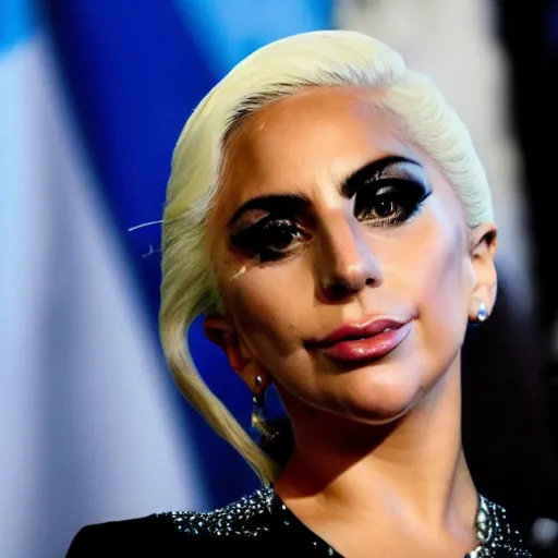 Image similar to Lady Gaga in Argentine congress, Argentina flag behind, bokeh, detailed, hd, as Cristina Kirchner