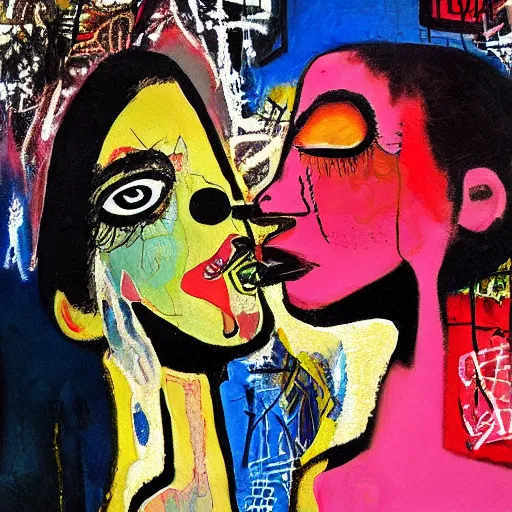 Image similar to beautiful painting of two bizarre psychedelic goth women kissing each other closeup in a cafe in japan, speculative evolution, mixed media collage by basquiat and jackson pollock, magazine collage art, sapphic art, lesbian art