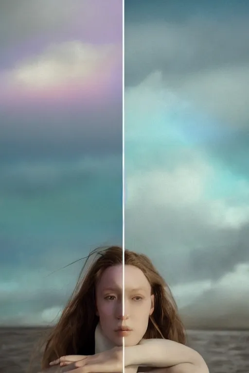 Image similar to high quality pastel coloured film close up wide angle photograph of a model wearing clothing swimming on cloud furniture in a icelandic black rock!! environment in a partially haze filled dreamstate world. three point light, rainbow. photographic production. art directed. pastel colours. volumetric clouds. pastel gradient overlay. waves glitch artefacts. extreme facial clarity. 8 k. filmic.