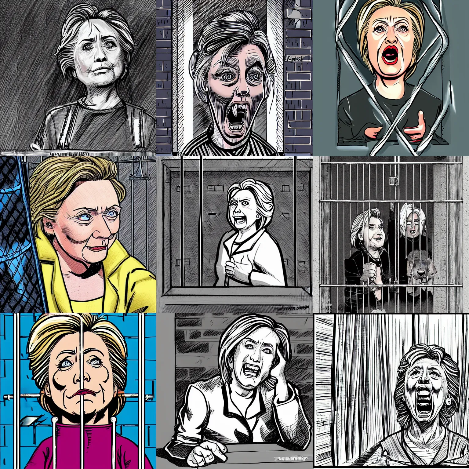 Prompt: Hillary Clinton behind bars, in a prison cell, crying. illustration concept art in the style of Arthur Adams