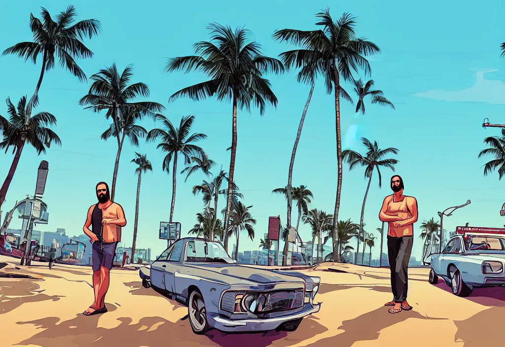 Prompt: jesus in grand theft auto loading screen, gta art style, illustration, beach, miami, vice city