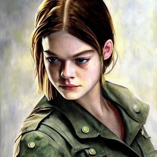 Image similar to ultra realistic portrait painting of elle fanning in resident evil 2 0 0 2, art by frank frazetta, 4 k, ultra realistic, highly detailed, epic lighting