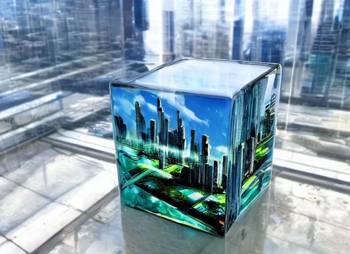 Prompt: a huge glass cube with a cyberpunk city hidden inside, sea of milk, photo realism, sunny day f / 1. 9 6. 8 1 mm iso 4 0