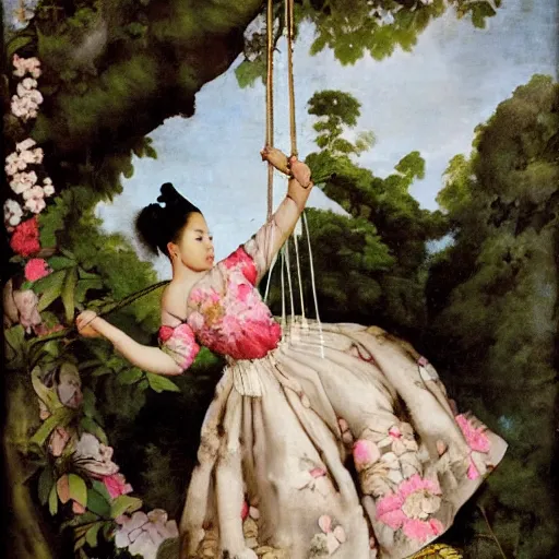 Image similar to A women in a peony dress swings on a flower swing in Bali style by velasquez