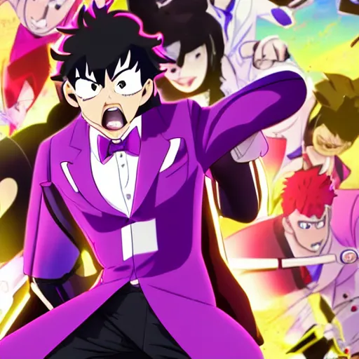 Image similar to a guy with black hair, wears a comedian purple suit and a red bowtie, anime character design key visual, Official media from My Hero Academia, sharp, 4k HD