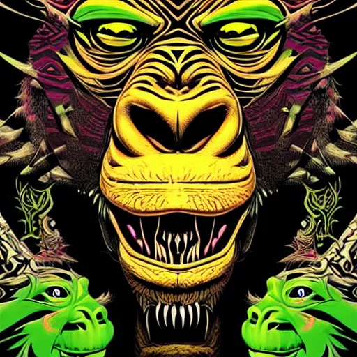 Image similar to barong family member, wiwek, mara demon, one single tribe member, jungle, one single mask, dark, ancient warrior, maniacally laughing grumpy gorilla, lizard, tribal, inner glow, art by dan mumford and justin gerard