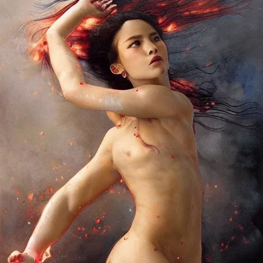 Prompt: epic masterpiece full body portrait a beautiful fire dancer with a beautiful face and flawless skin, white thighs, soft belly, perfectly formed body in motion, raining ashes, by Edgar Maxence and Ross Tran and Michael Whelan